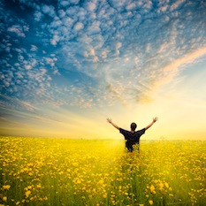 man in yellow flower field under beautiful sky